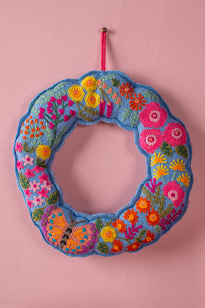 Butterfly & Wildflowers Blue Felt Wreath - Ian Snow