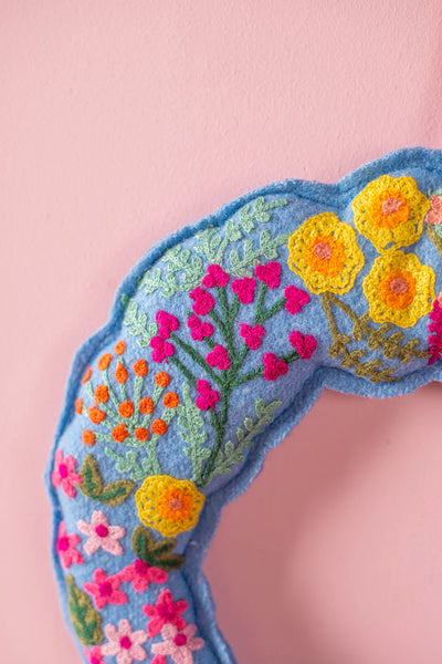 Butterfly & Wildflowers Blue Felt Wreath - Ian Snow