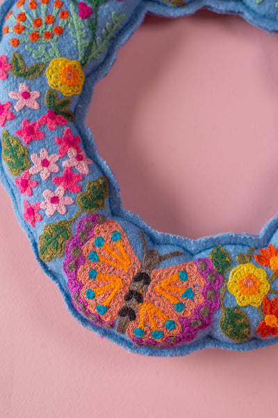 Butterfly & Wildflowers Blue Felt Wreath - Ian Snow