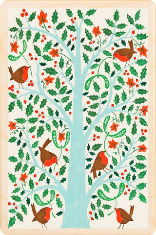 Robin Christmas Tree Wooden Postcard