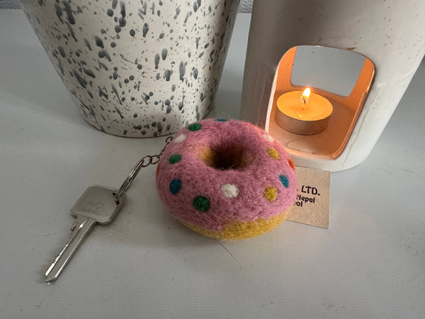 Handmade Felt Doughnut Strawberry Sprinkle Keyring - Funky Yak Ltd