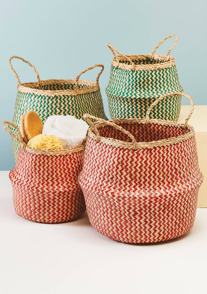 Set of woven baskets with handles on a light background