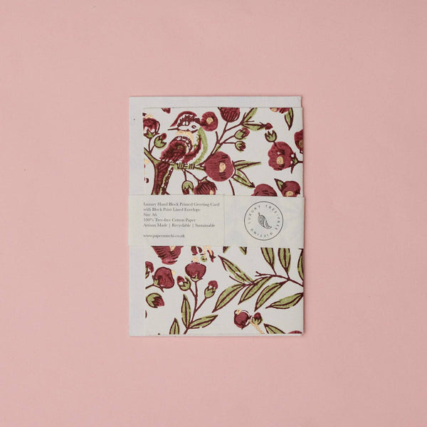 Scarlet Songbird Block Printed Greeting Card - Paper Mirchi