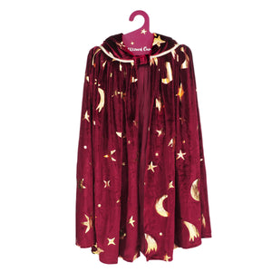 Red cape with gold star and moon patterns on a hanger against a white background