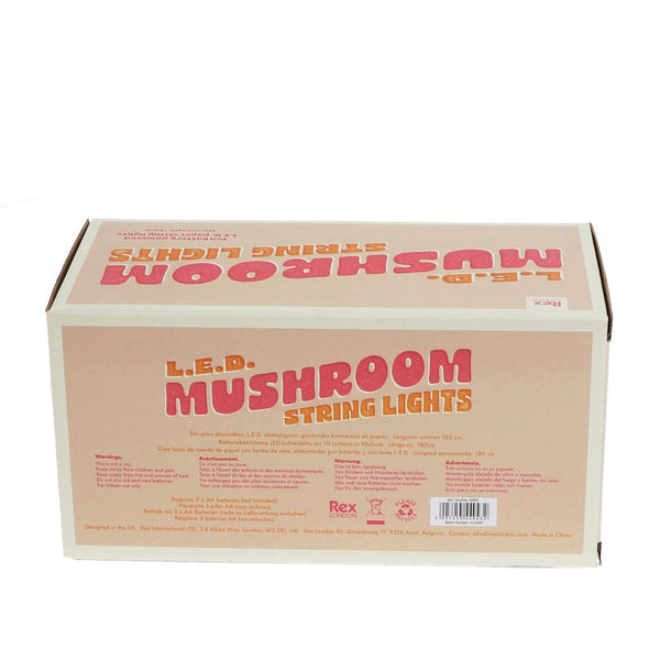 Box of L.E.D. Mushroom String Lights with pink and orange text on a white background