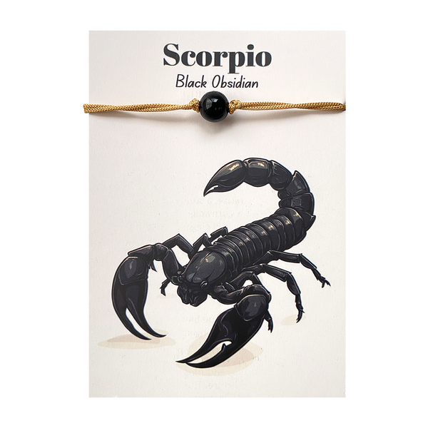 Scorpio black obsidian gemstone bracelet on a white card with 'Scorpio' text