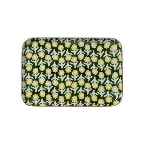 Large Isha Green Bohemian Chic Tray With Enamelled Metal Flowers - Bonheur du Jour 