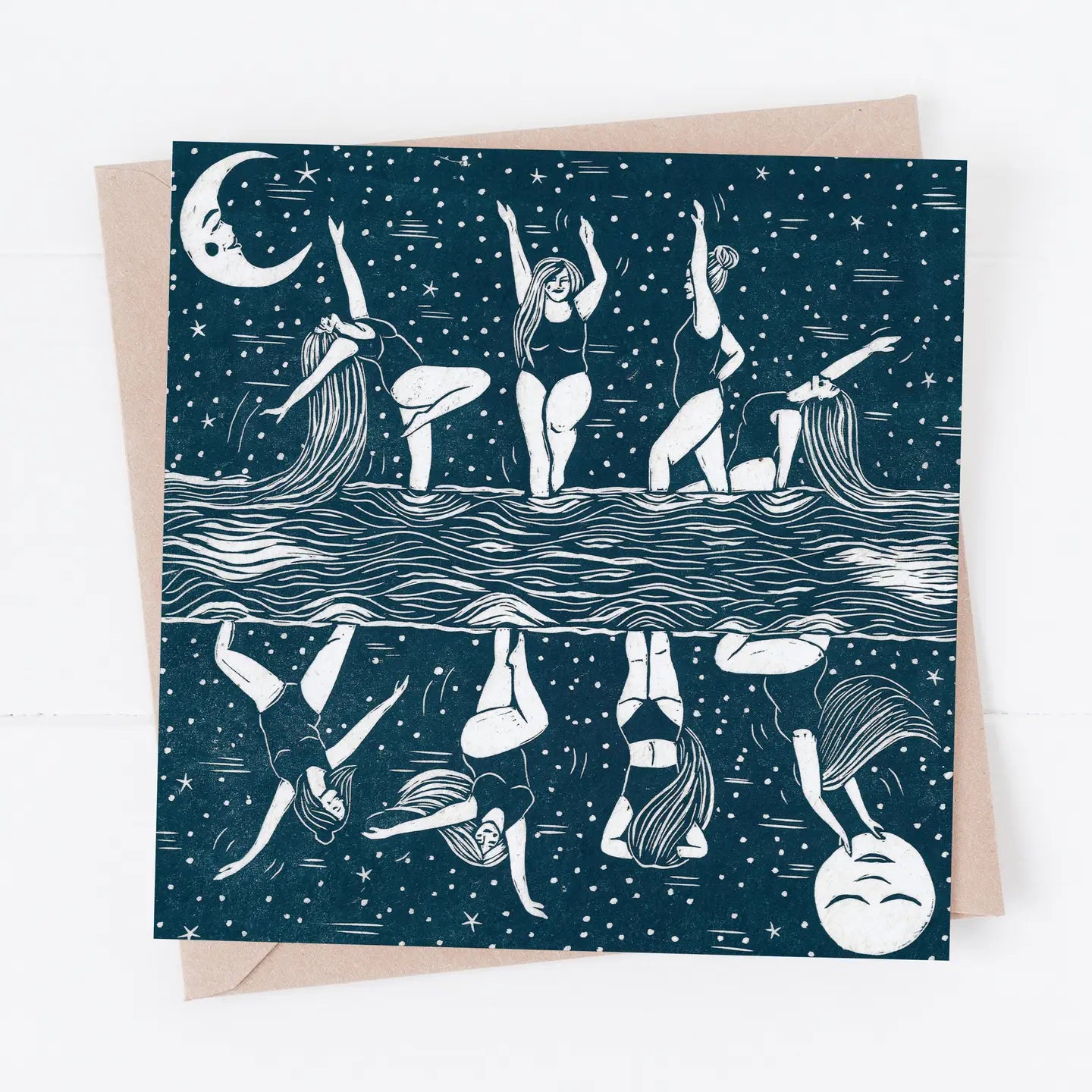 Greeting card with illustrations of women in swimsuits against a starry night sky.