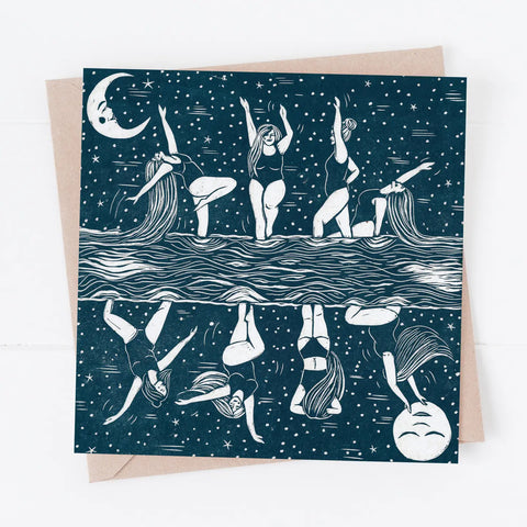 Greeting card with illustrations of women in swimsuits against a starry night sky.
