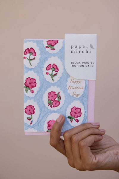 Pink Floral Mother's Day Hand Block Printed Greeting Card - Paper Mirchi