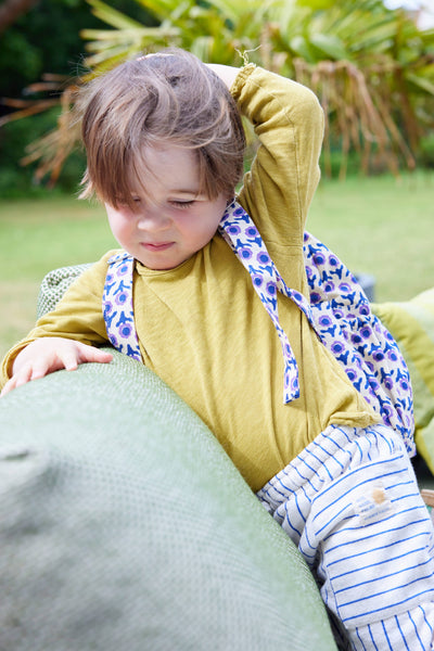 Child wearing a yellow shirt and blue patterned backpack outdoors