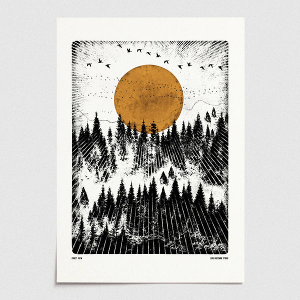 Framed artwork of a forest with a large yellow sun and black lines on a white background