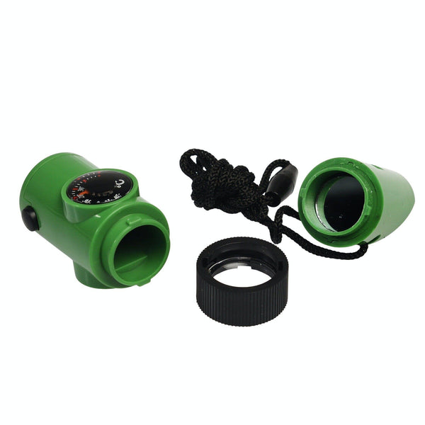 Green binoculars with a compass on a white background