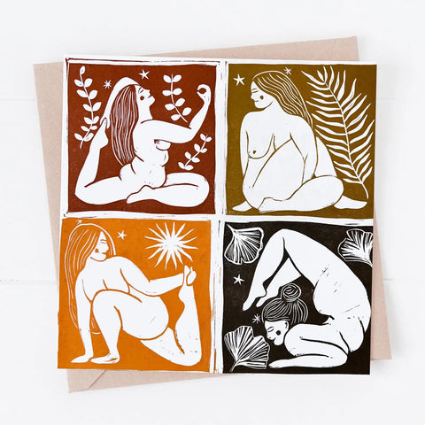 Four square cards with illustrations of a nude woman on a white background
