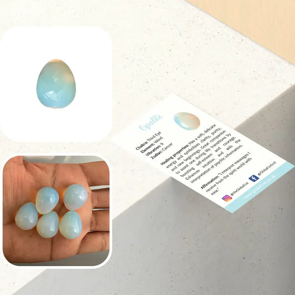 Blue-green stone on a card with text and a close-up of stones in hand.