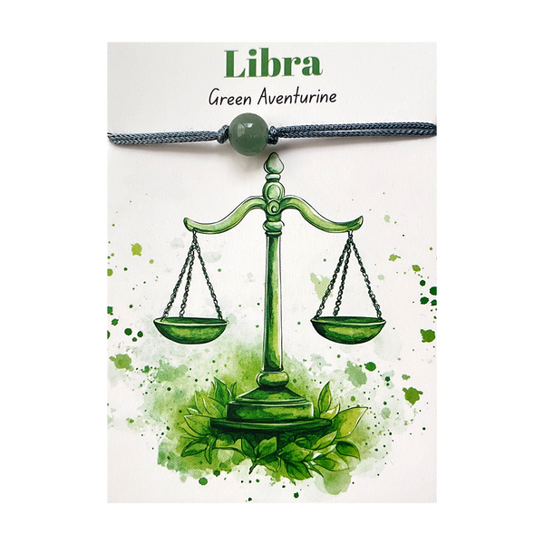 Green aventurine libra bracelet on a white card with green accents