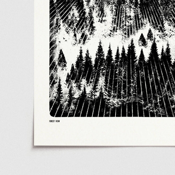 Framed black and white art print of a forest on a white wall.