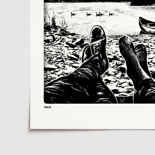 Black and white illustration of feet in boots by a lake with ducks and a canoe.