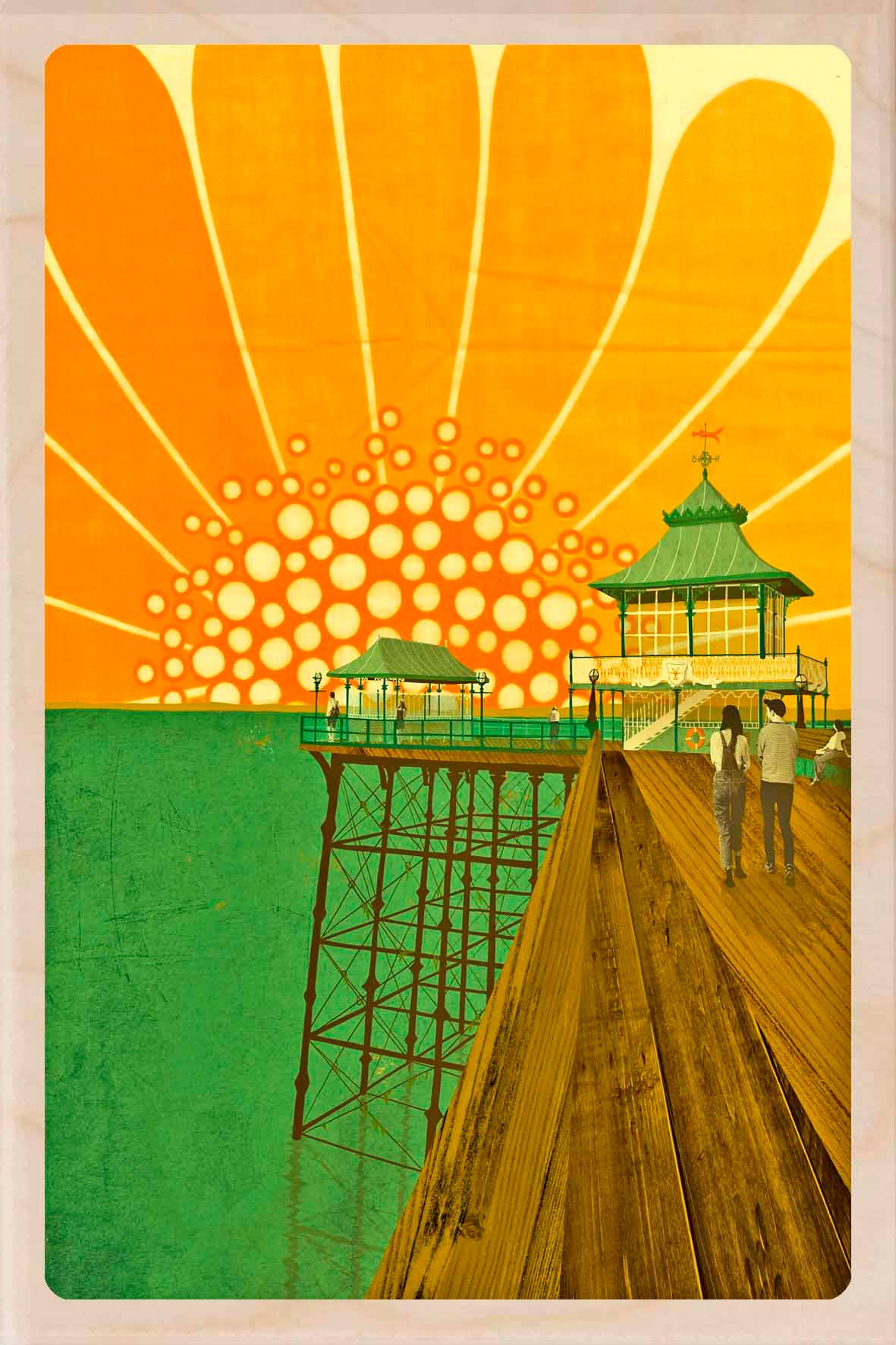 Artistic depiction of a pier with a sun-like design in the background