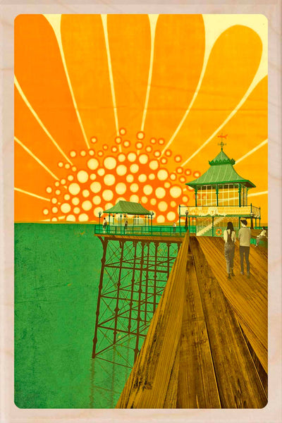 Artistic depiction of a pier with a sun-like design in the background