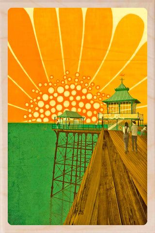 Artistic depiction of a pier with a sun-like design in the background