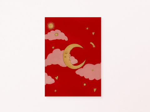 Red print with moon, clouds, and stars on a white background