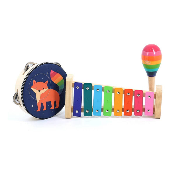 Set of colourful children's musical instruments including a tambourine, xylophone, and maraca on a white background.