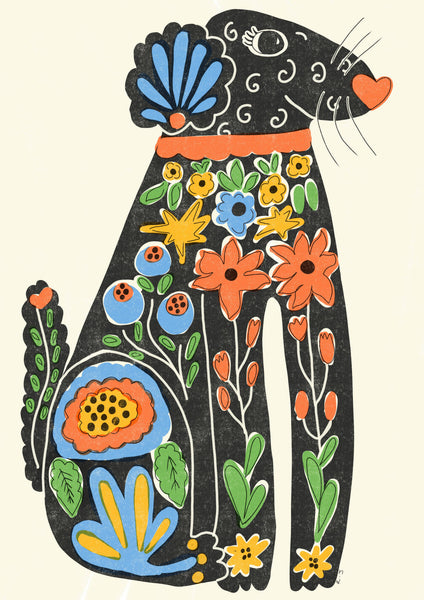 Colourful illustration of a dog with floral patterns on a beige background