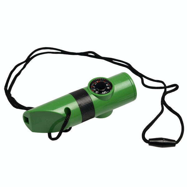 Green whistle with black strap on a white background