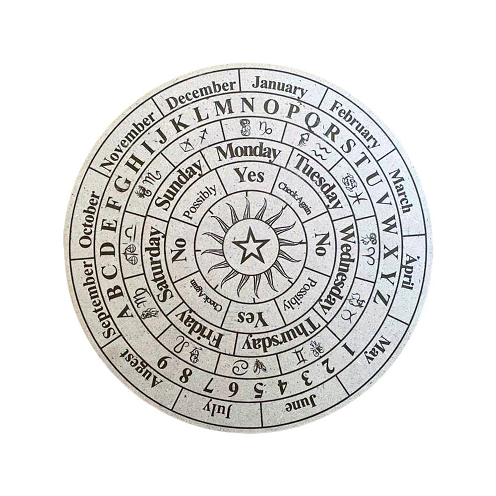 Circular astrological calendar with days of the week and months, featuring a star symbol at the center.