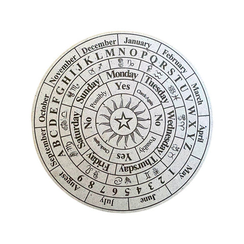 Circular astrological calendar with days of the week and months, featuring a star symbol at the center.