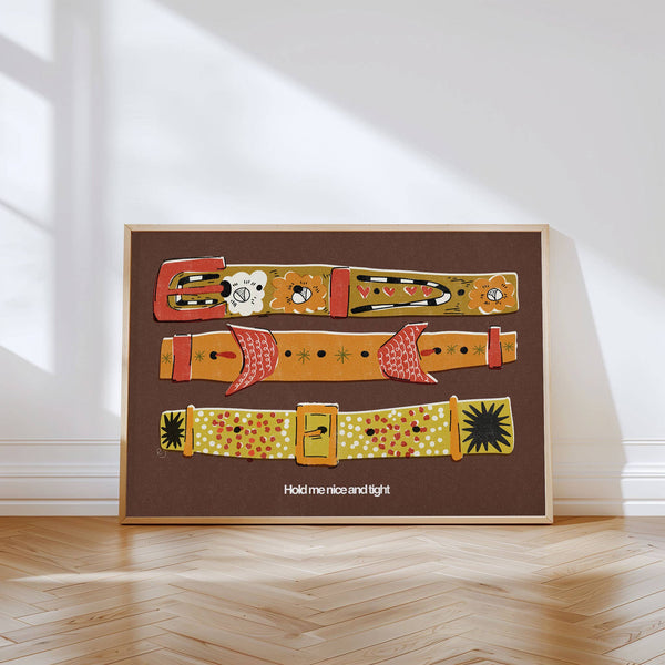 Set of colourful belts displayed on a brown background with text.