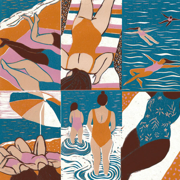 Collage of illustrations featuring people at the beach with various activities.
