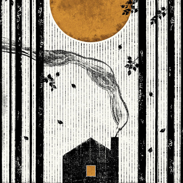 Illustration of a house with smoke and a large moon in a striped pattern
