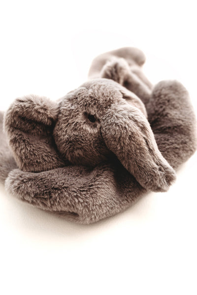 Plush elephant baby snuggler on a white background