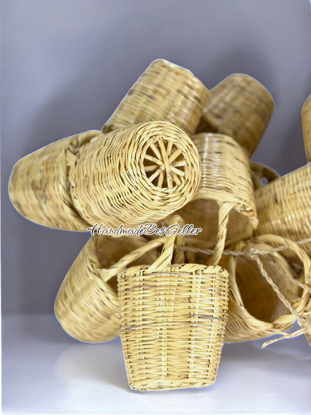 Woven mini basket decorations on a grey background