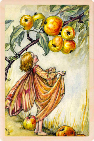 Illustration of a fairy in a dress standing under an apple tree with apples on the branch.