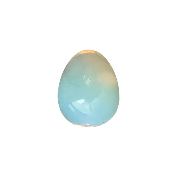 Blue opalite gemstone on a white background