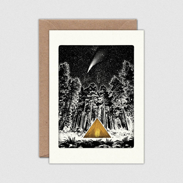 Greeting card with a tent in a forest design on a white background