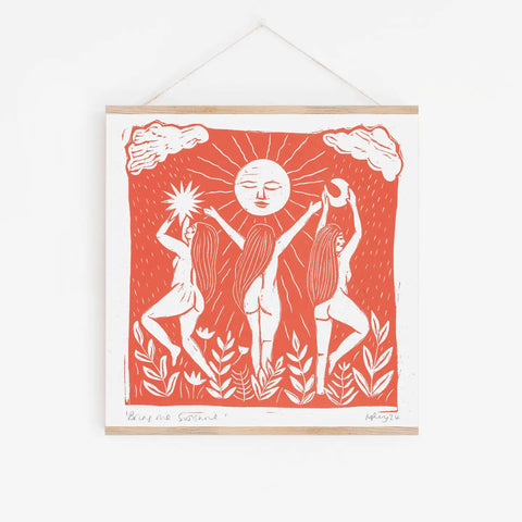 Framed artwork with a red background and white figures and sun design.