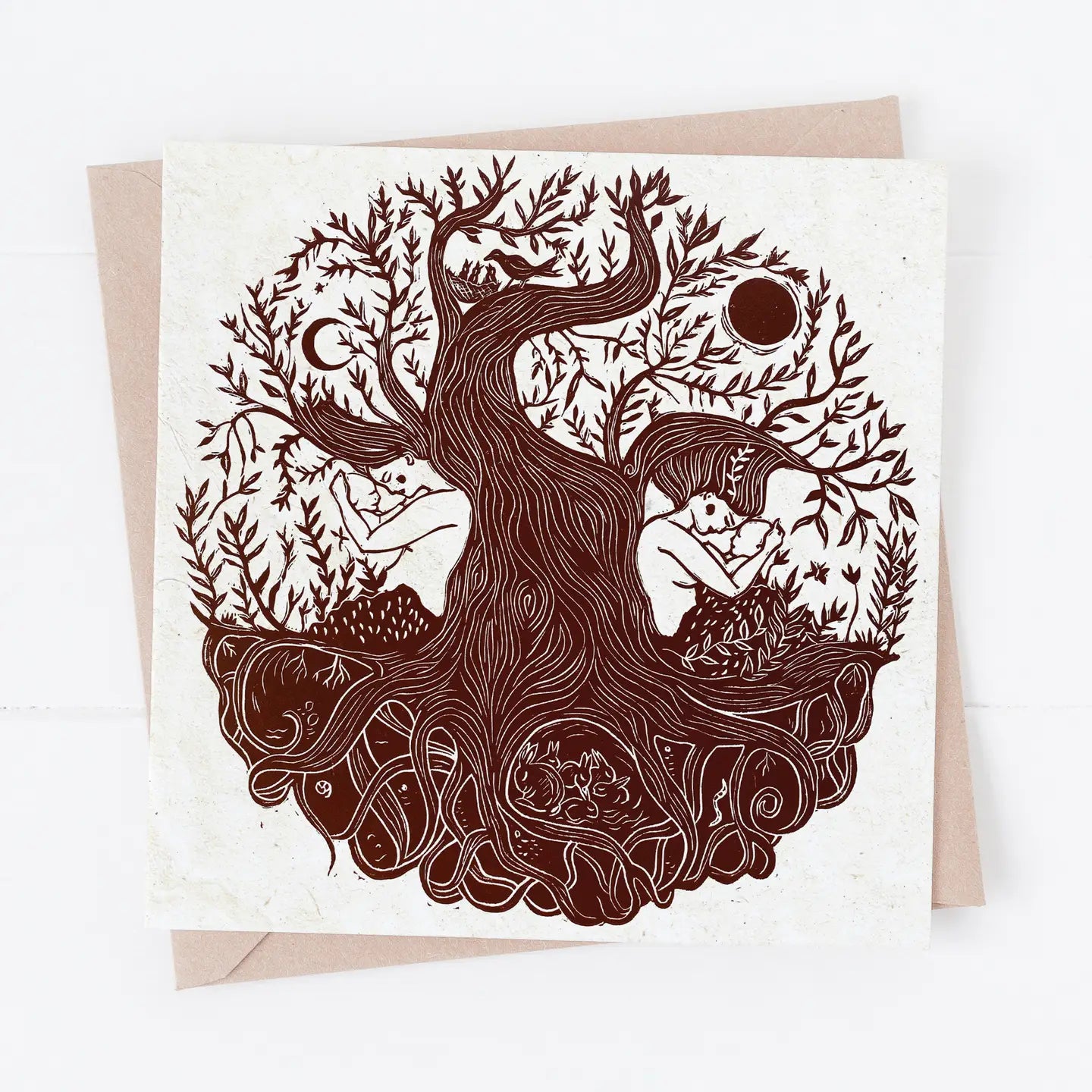 Greeting card with brown tree illustration and people sitting under it on a white background