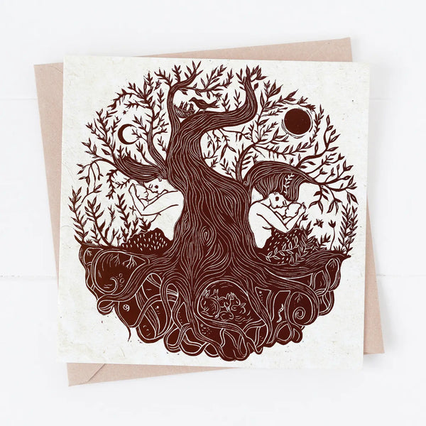 Greeting card with brown tree illustration and people sitting under it on a white background