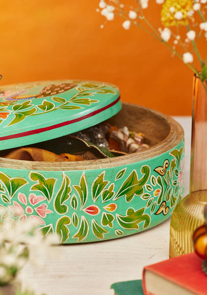 Hand Painted Indian Peacock Round Box - Namaste