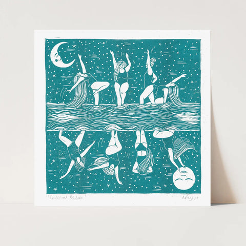Framed artwork of a woman in various poses with a starry night sky and moon.