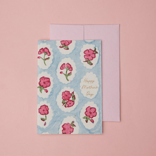 Pink Floral Mother's Day Hand Block Printed Greeting Card - Paper Mirchi