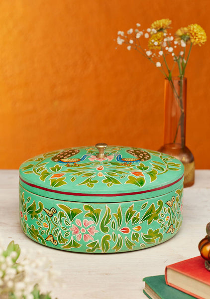 Hand Painted Indian Peacock Round Box - Namaste