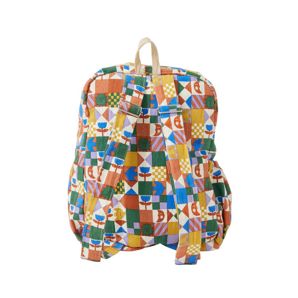 Colourful geometric-patterned backpack on a white background