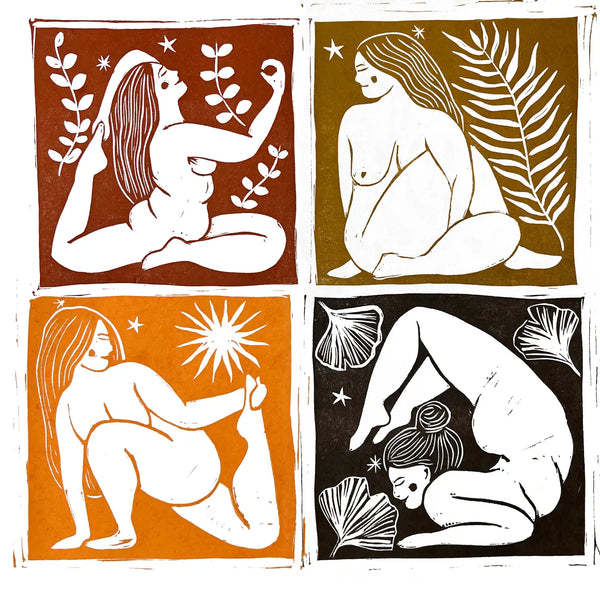 Four square panels with stylized illustrations of a nude woman in various poses on a white background.