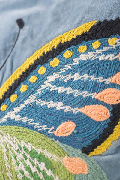 Close-up of embroidered fabric with colorful patterns on a blue background