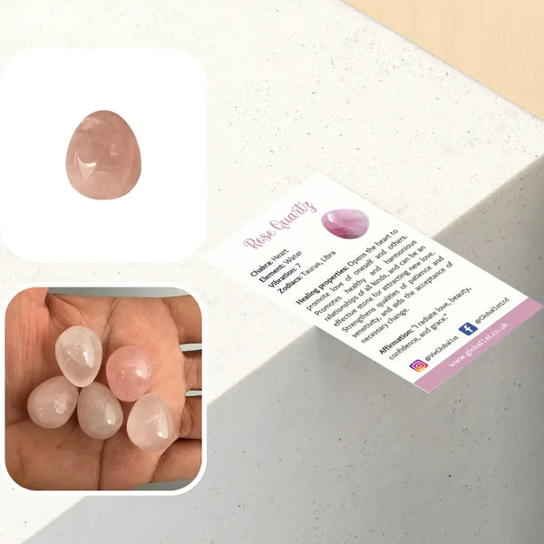 Rose Quartz crystal with packaging and product images on a light background